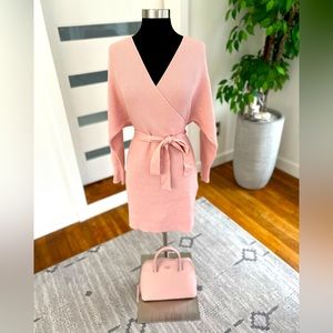 NWT-Women's Long Batwing Sleeve Wrap V Neck Knitted
Sweater Dress with Belt-Pink